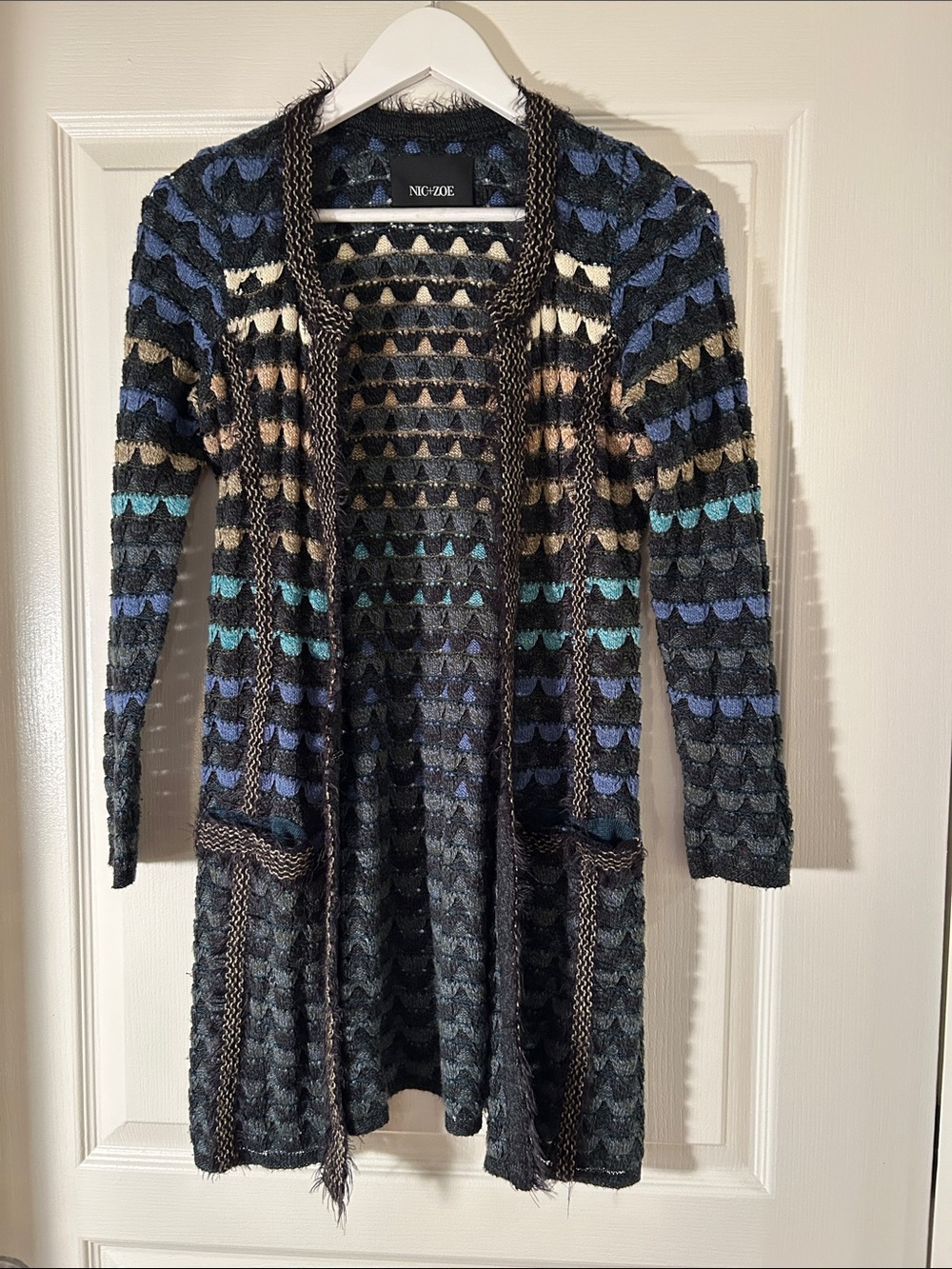 NIC+ZOE Black Multicolor Open Cardigan with Blue and Teal Accents